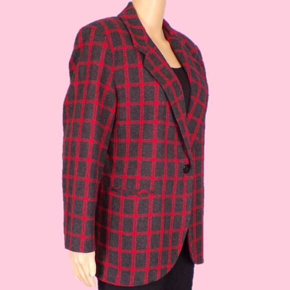 CROSS COUNTRY FASHIONS size 12P black/red plaid blazer acrylic/wool/polyester - Picture 4 of 14